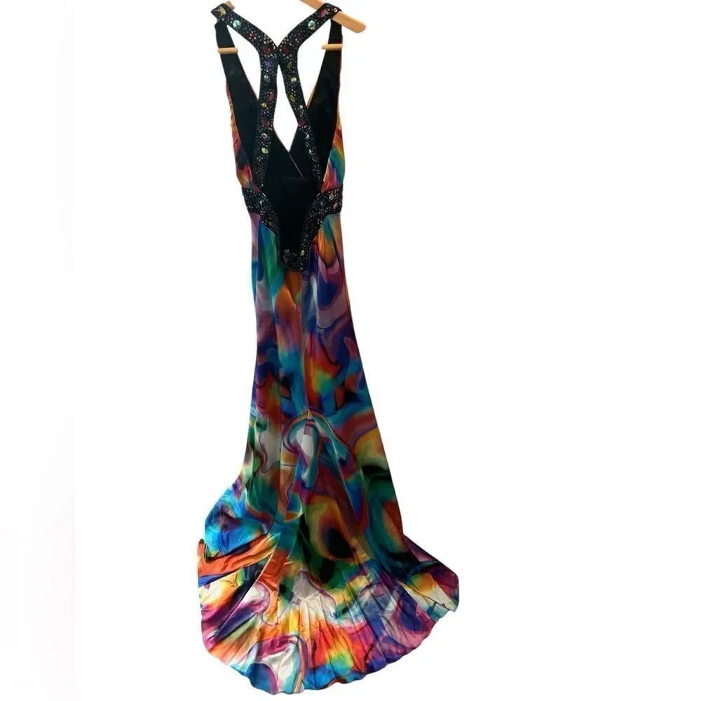 Vintage Caché Multicolor Rhinestone Embellished Open Back Maxi Dress Size - Picture 7 of 8
